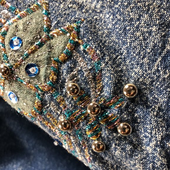 Ladies 1980's Denim Trench Coat with Embroidery and Studding Size Medium - Picture 4 of 8